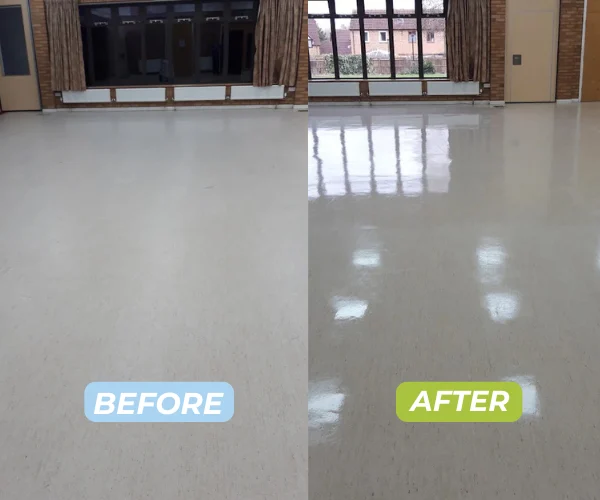 Hard flooring befor:eafter 2 Commercial tile cleaning in hall